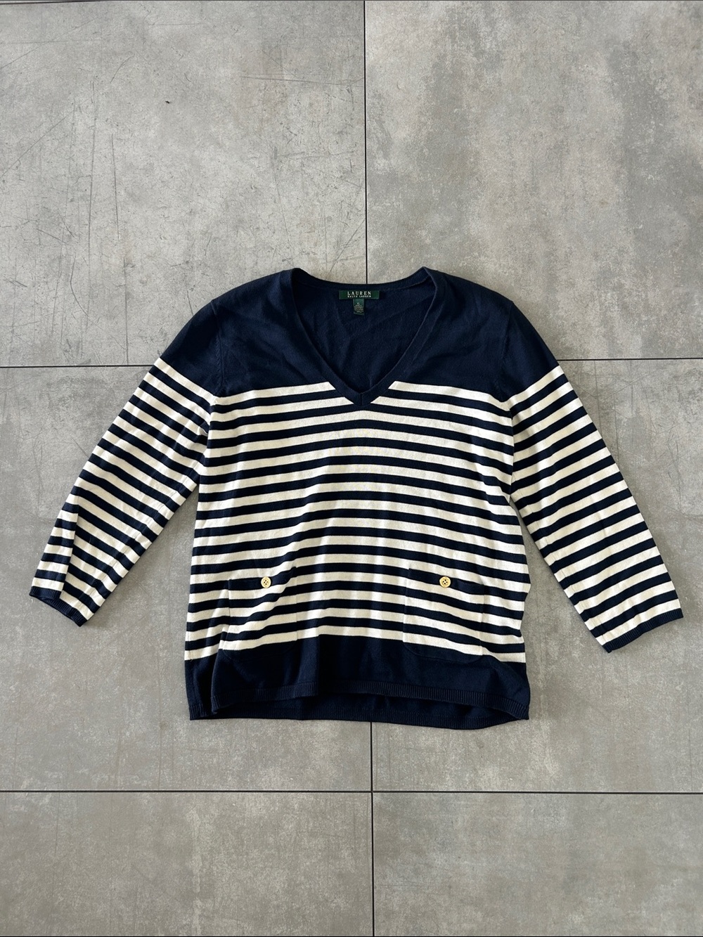 Ralph Lauren Navy & Cream Striped V-Neck Sweater with Gold Buttons